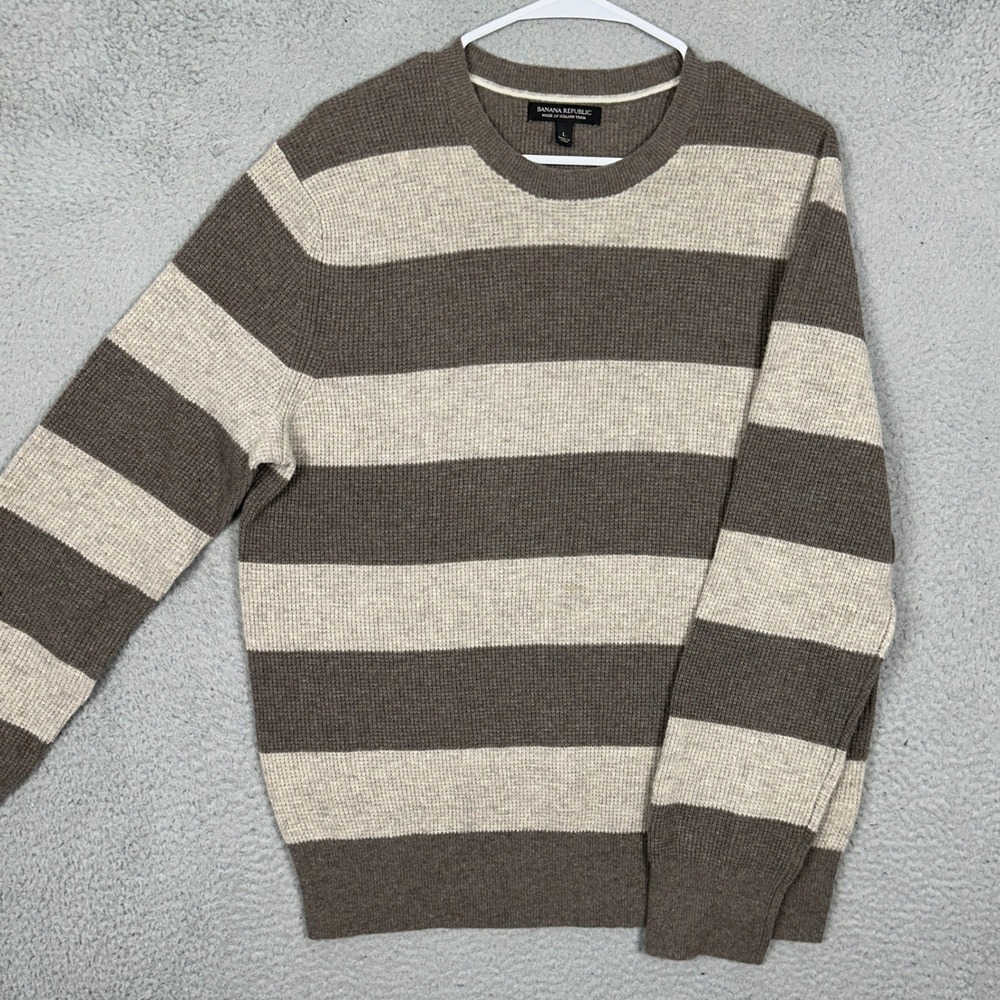 Banana Republic Sweater Men Large Merino Wool Striped Brown Knit Long Sleeve EUC